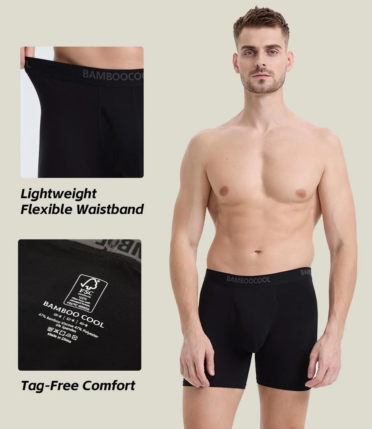 BAMBOO COOL Men's Underwear Breathable Boxer Briefs with Fly Moisture-Wicking Lightweight Underwear 7-Pack