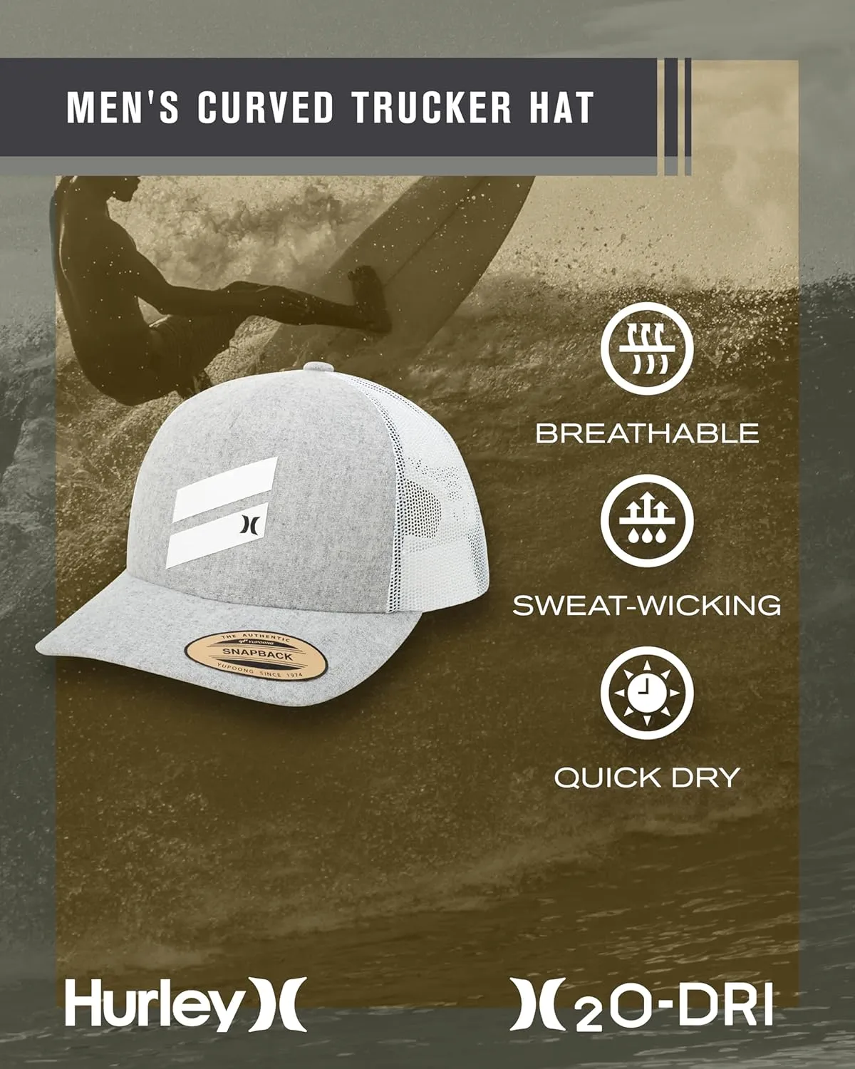 Hurley Men's Trucker Hat - Lightweight Breathable Poly Mesh Back Curved Bill Baseball Cap with Adjustable Snap Closure