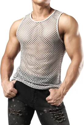 JOGAL Men's Mesh Fishnet Fitted Sleeveless Muscle Top