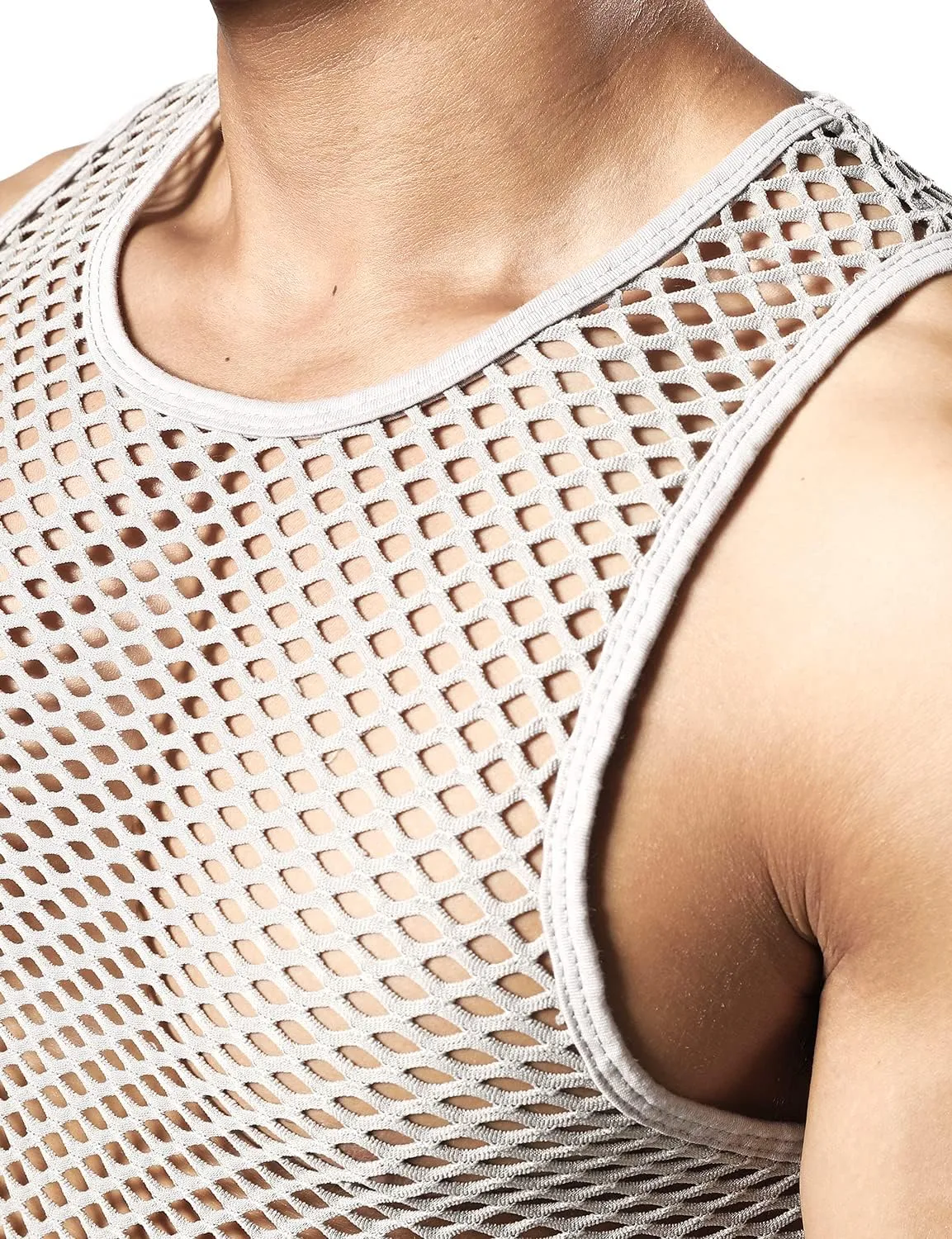 JOGAL Men's Mesh Fishnet Fitted Sleeveless Muscle Top