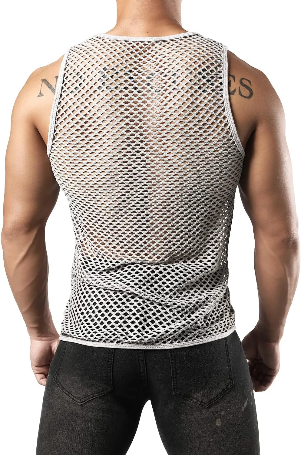 JOGAL Men's Mesh Fishnet Fitted Sleeveless Muscle Top