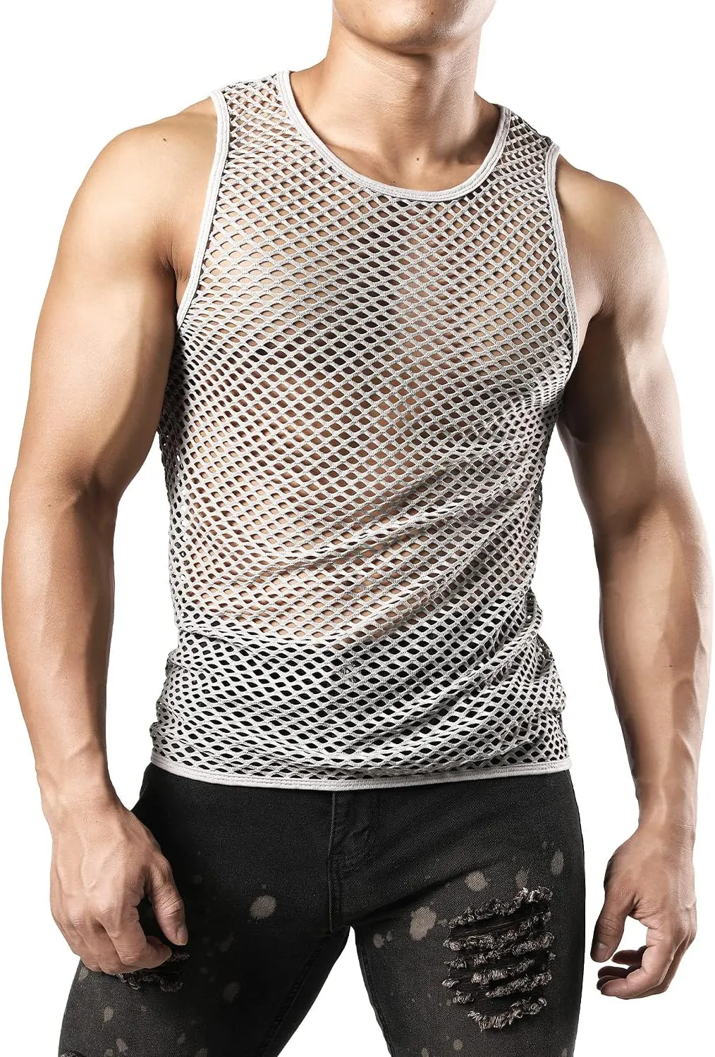 JOGAL Men's Mesh Fishnet Fitted Sleeveless Muscle Top