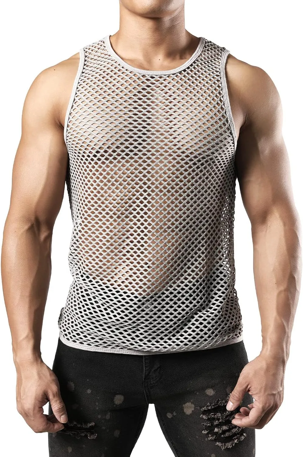 JOGAL Men's Mesh Fishnet Fitted Sleeveless Muscle Top