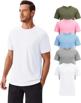 PINSPARK 5 Pack Gym Workout Shirts for Men Short Sleeve Moisture Wicking Athletic Tshirts Multipack Plain Crewneck Tees Shirt