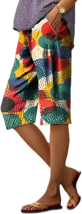 Summer Shorts for Women 2025 Vintage Floral Business Casual High Waisted Elastic Waist Wide Leg Pants