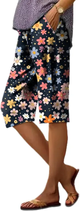Summer Shorts for Women 2025 Vintage Floral Business Casual High Waisted Elastic Waist Wide Leg Pants
